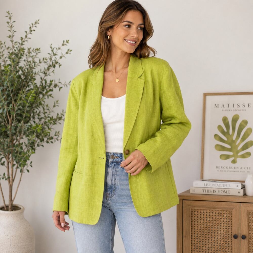 David N Lime Green Vintage Linen Blend Blazer Jacket Sz 20